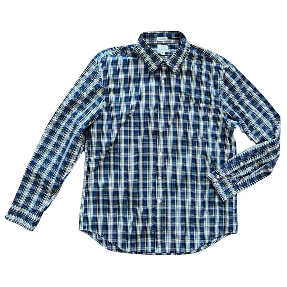 J. Crew Relaxed Secret Wash Organic Cotton Poplin Shirt Blue Plaid Men's size L